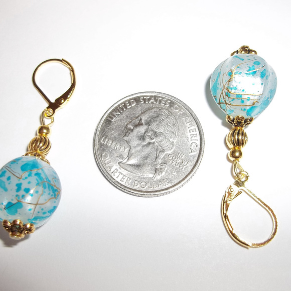 Turquoise Blue and Gold Leverback Earring Set 4048 - Picture 7 of 8